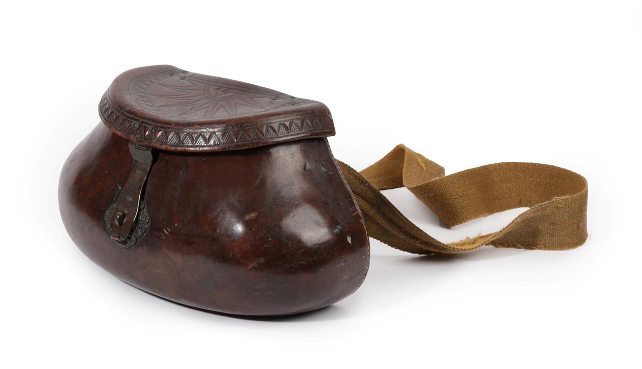 Rare Leather Pot Bellied Creel with embossed lid, brass fittings and canvas strap 13x6x7''In fine
