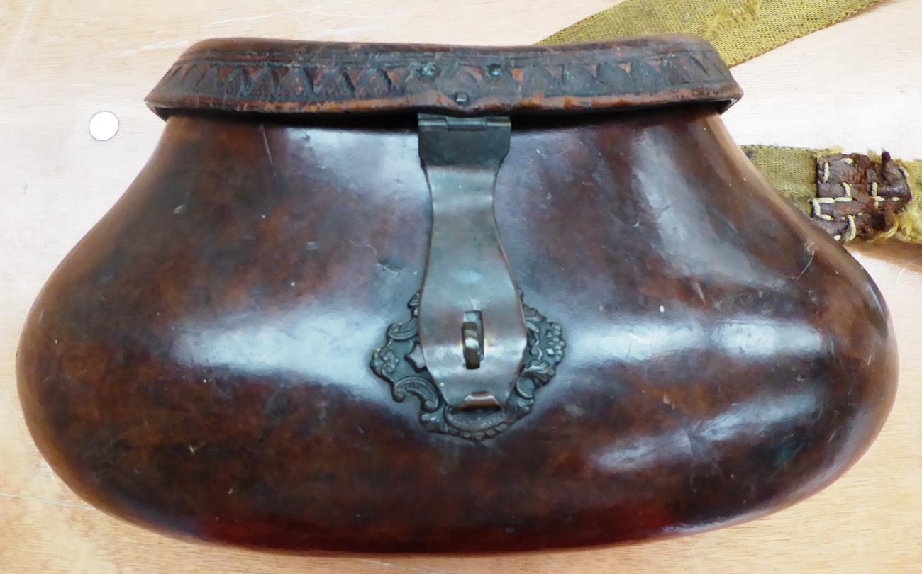 Rare Leather Pot Bellied Creel with embossed lid, brass fittings and canvas strap 13x6x7''In fine - Image 3 of 8