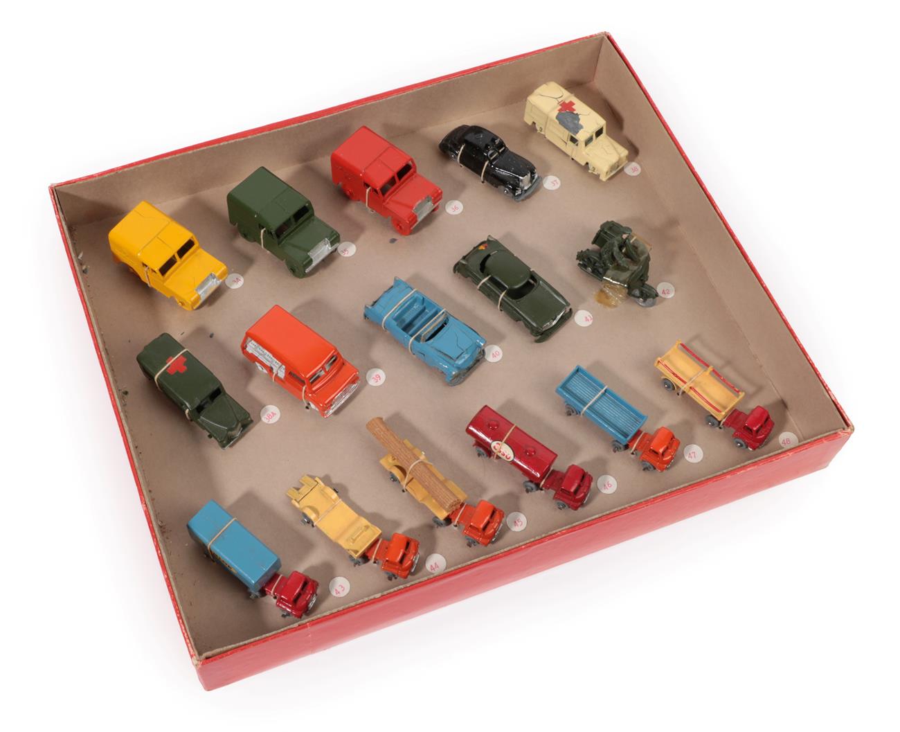 Benbros Tradesman Sample Set containing 16 vehicles: 34 AA Land Rover (paint cracked), 35 Army