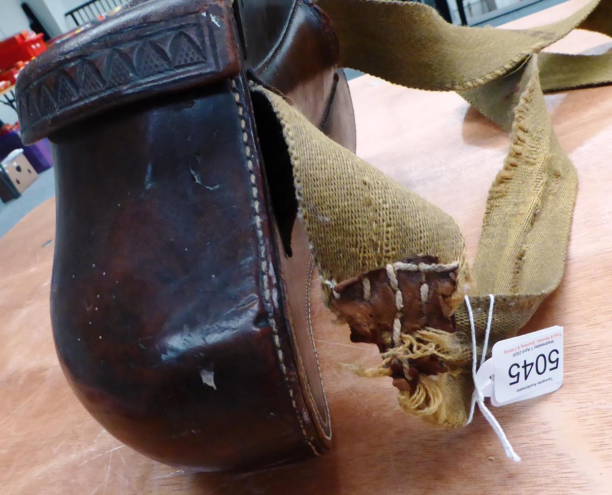 Rare Leather Pot Bellied Creel with embossed lid, brass fittings and canvas strap 13x6x7''In fine - Image 7 of 8