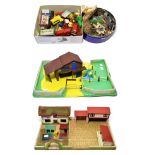 Various Plastic Farmyard Figures together with assorted vehicles, a plastic and wooden farmyard (