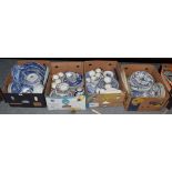 Four boxes of blue and white ceramics including Spode blue Italian