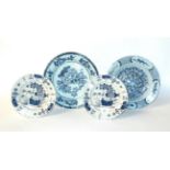 Two 19th century blue and white English Delft plates; together with a smaller pair of English Delft