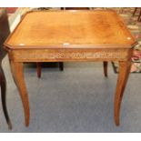 A reproduction inlaid, quarter veneered burr walnut games table, probably Italian,