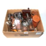 A group of hunting related items including: flasks; leather cased hunting cups and cigarette boxes;