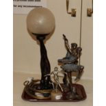 An Art Deco style spelter figural lamp; an Art Deco figure,