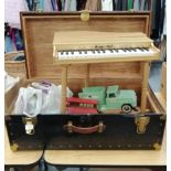 Tonka Farms horse truck; together with a collection of character tin dolls tea sets; a toy piano;