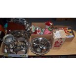 A quantity of mixed silver plated and other items to include; meat dishes, candlesticks, cutlery,