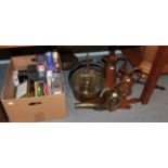 A quantity of brass and copper wares to include; jam pan, bed warming pan, brass bellows,