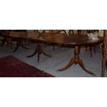 A mahogany 12' triple pillar D-end dining table, with two additional leaves and brass paw feet