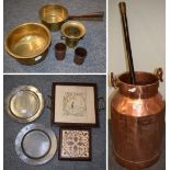 A pewter plate engraved 'LW Escrick'; another pewter plate; brass pan; silver mounted ebony stick;