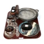 A silver and tortoiseshell part dressing table set,