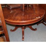 An Italian reproduction walnut marquetry decorated pedestal dining table, 120cm diameter by 78cm