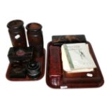 A group of Chinese items including: lacquered glove boxes; carved bamboo sleeve vases;