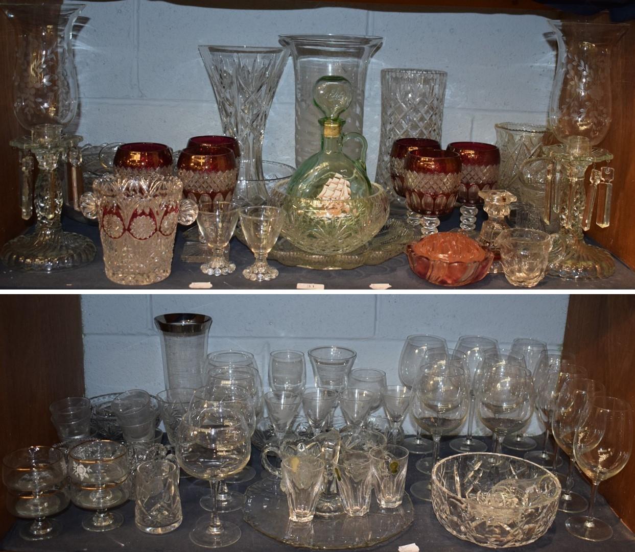A quantity of modern cut glass to include: fruit bowls, vases, decanters, drinking glasses,