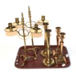 A pair of adjustable twin-light brass candelabra;