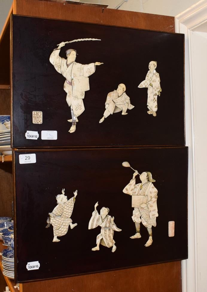 Two Japanese bone and mother-of-pearl inlaid plaques depicting figures