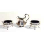 Pair of silver salts, plated spoon and a jug