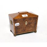 A Regency walnut tea caddy with sarcophagus top, on brass bun feet