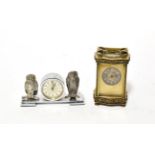 A French brass carriage timepiece, circa 1890 and a chrome plate owl desk timepiece (2)