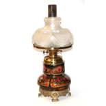 Zsolney Pecs oil lamp complete with brass font, burner, chimney and student shade