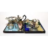 Silver caddy, six silver napkin rings and a quantity of plated wares including a cased set of fish