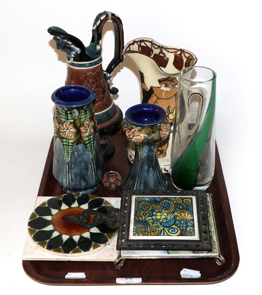 20th century ceramics and glass including a German ewer, Doulton style vases, a Royal Doulton