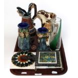 20th century ceramics and glass including a German ewer, Doulton style vases, a Royal Doulton
