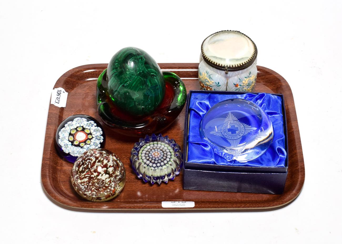 Four various paperweights, including two millefiore examples, a large Malachite egg, glass ash tray,