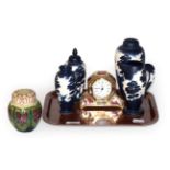 Four pieces of Moorland pottery; a Moorcroft ginger jar and cover and a Royal Crown Derby Imari