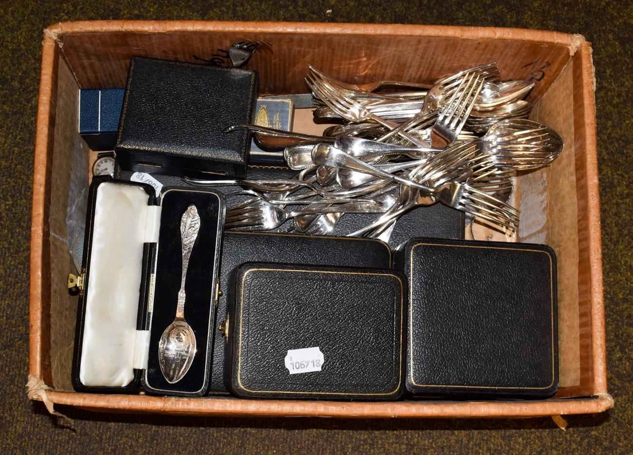 A collection of assorted silver, including: a four-piece cased dressing-table service, each piece