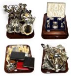 A late Victorian silver six-piece condiment set, by Walker and Hall, cased; a case of six silver