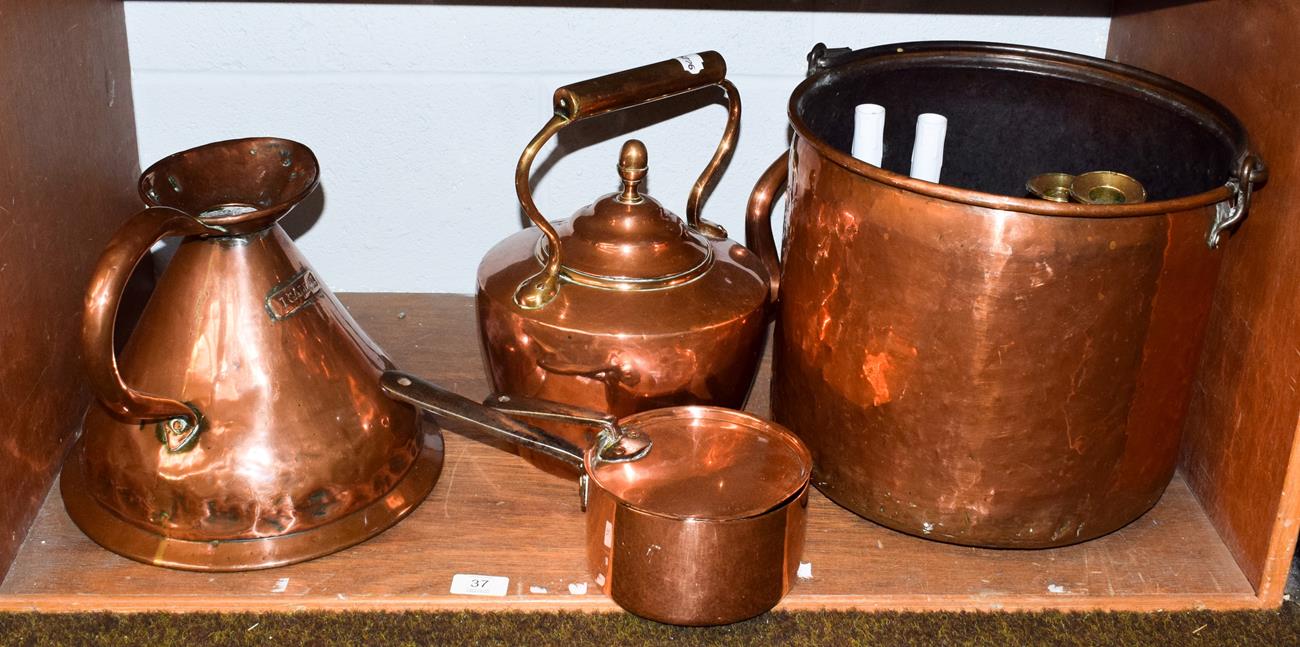 19th century copper and brass including a swing handled coal bucket, cream pan, harvest jug and