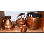 19th century copper and brass including a swing handled coal bucket, cream pan, harvest jug and