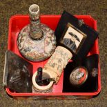 A Japanese bottle vase, pair of carved ivory sleeves, two miniature framed portraits, and a pewter