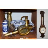 A brass carriage lamp, brass ships bell dated 1839, ceramic carpet boules, blue and white transfer