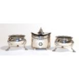 A pair of George III silver salt-cellars and an Edward VII silver mustard-pot, the first London,