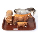 Beswick cattle comprising Highland bull; Highland cow and calf; and a Beswick mare, grey matte (a.