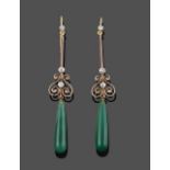 A Pair of Agate and Diamond Drop Earrings, an old cut diamond suspends a fixed bar terminating to