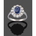 A Sapphire and Diamond Cluster Ring, the oval cut sapphire within a border of round brilliant cut