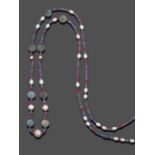 A Multi-Gemstone Bead Necklace, cultured pearls spaced by labradorite discs and tanzanite, pink
