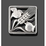 A Brooch, by Georg Jensen, the square frame with a wheatsheaf diagonally and a bird in each