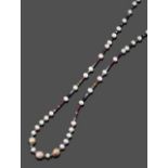 A Multi-Gemstone Bead Necklace, cultured pearls spaced by emerald, chrome diopside and blue, pink