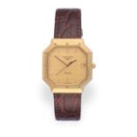 An 18 Carat Gold Octagonal Shaped Calendar Centre Seconds Wristwatch, signed Longines, model: