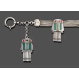 An Art Deco Albertina, a white six strand albertina with a red stone and green hardstone set