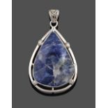 An Iolite Pendant, the pear cut iolite in a white rubbed over setting to a fancy border, measures