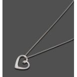 A Platinum Diamond Set Heart Pendant on A Platinum Chain, the heart motif border with three round