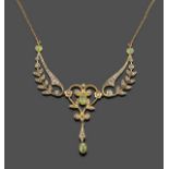 A Peridot and Seed Pearl Necklace, a central oval cut peridot within a seed pearl set heart-shaped