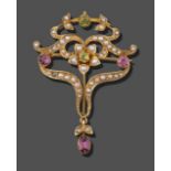An Edwardian Peridot, Pink Tourmaline and Seed Pearl Brooch/Pendant, a central cluster formed of a