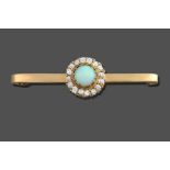 An Opal and Diamond Cluster Bar Brooch, the round cabochon opal within a border of old cut diamonds,